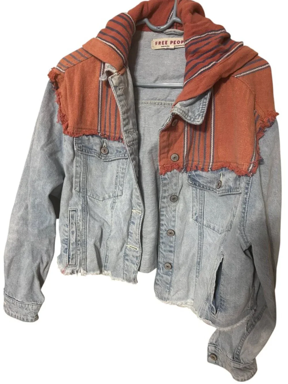 Free People Hooded Denim Jacket Rust Stripe Raw Hem Cropped XS